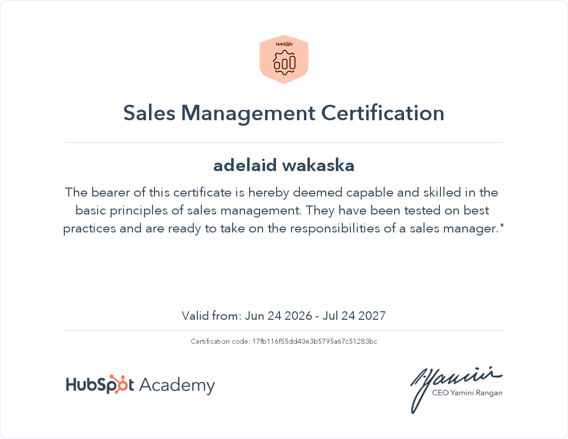 Sales Management Certified - Adelaid Wakaska